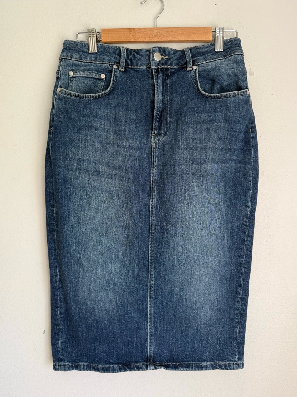Pilcro Anthropologie Denim Pencil Midi Skirt in Classic Medium Wash - Picture 2 of 6
